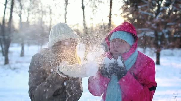 Γυναίκες που φυσούν χιόνι στο χειμερινό δάσος. Η οικογένεια διασκεδάζει έξω. Εποχιακές δραστηριότητες. Μητέρα και κόρη γελάνε φορώντας ζεστά ρούχα. - Πλάνα, βίντεο
