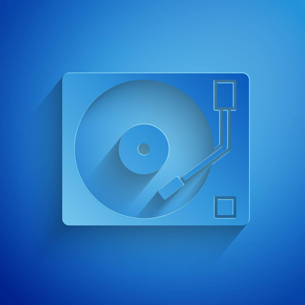 Paper cut Vinyl player with a vinyl disk icon isolated on blue background. Paper art style. Vector Illustration - Vector, afbeelding