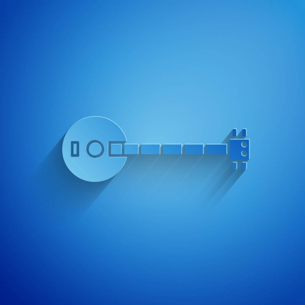 Paper cut Banjo icon isolated on blue background. Musical instrument. Paper art style. Vector Illustration - Vetor, Imagem