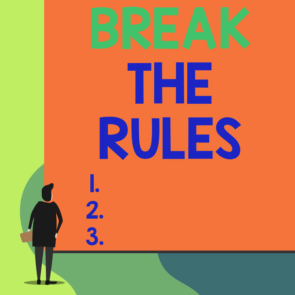 Writing note showing Break The Rules. Business photo showcasing Make changes do everything different Rebellion Reform Back view young woman watching blank big rectangle. - Photo, image