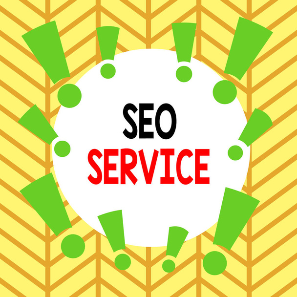 Conceptual hand writing showing Seo Service. Business photo text suite of techniques and procedures to surge website visibility Asymmetrical uneven shaped pattern object multicolour design. - 写真・画像