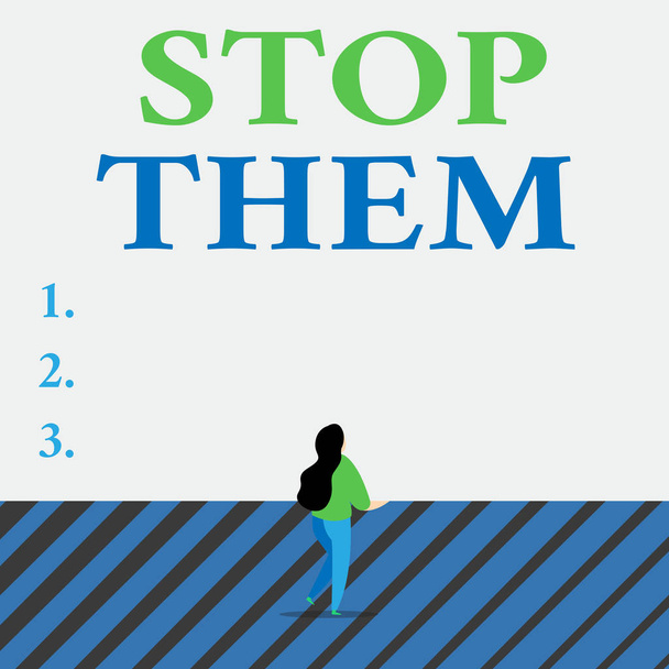 Writing note showing Stop Them. Business photo showcasing used for telling someone not to do something that they are doing Lengthy hairstyle woman stand with one leg lifted in back view position. - Photo, Image