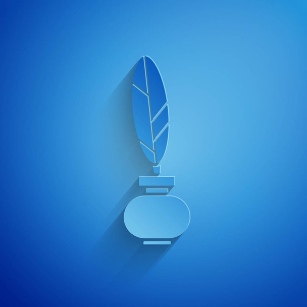 Paper cut Feather and inkwell icon isolated on blue background. Paper art style. Vector Illustration - ベクター画像