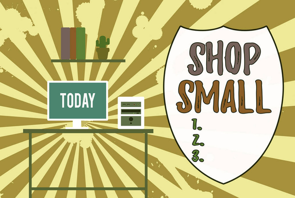 Kézírás szöveg Shop Small. Koncepció jelentése országos mozgalom ünnepli a kisvállalkozások minden nap Asztali számítógép fa asztal háttér polc könyvek virágcserép díszek. - Fotó, kép