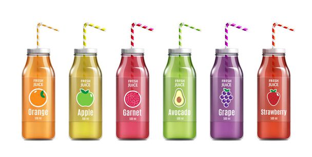 Glass bottle of juice with labels realistic vector mockup illustration isolated. - ベクター画像