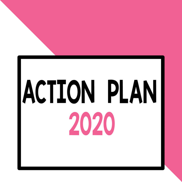 Textschild, das den Aktionsplan 2020 zeigt. Konzeptionelle Foto-To-Do-Liste enthält eine Anzahl von Dingen, die im nächsten Jahr getan werden müssen, Vorderansicht Großes leeres Rechteck abstrakter geometrischer Hintergrund. - Foto, Bild
