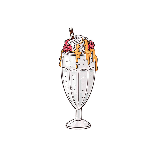 Hand drawn milkshake topped with whipped cream, red berries and caramel syrup - Vecteur, image