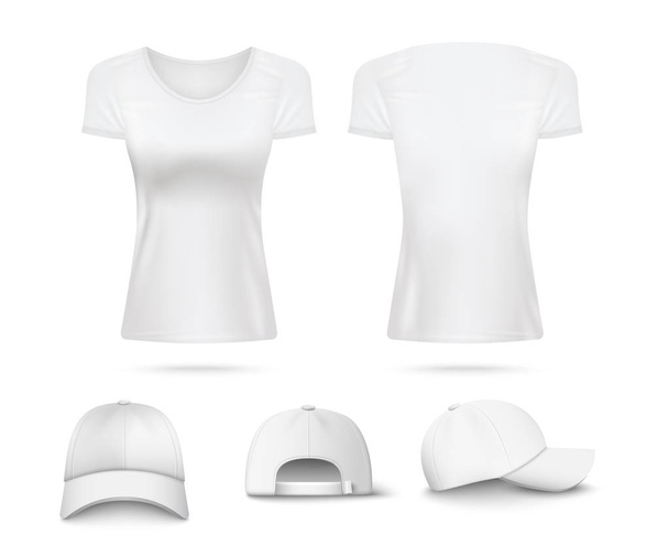 White women short sleeves t-shirts with cap realistic vector mockup isolated. - Vector, Image