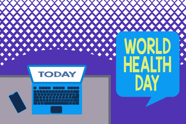 Tekstimerkki, jossa näkyy Maailman terveyspäivä. Käsitteellinen kuva Maailmanlaajuinen terveystietoisuuden päivä vietetään vuosittain Ylä-näkymä toimisto työpaikalla kannettava tietokone makaa puinen työpöytä älypuhelimen puolella
. - Valokuva, kuva