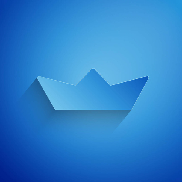 Papier wyciąć Składane ikona łodzi papieru izolowane na niebieskim tle. Papierowy statek Origami. Papier w stylu sztuki. Ilustracja wektora - Wektor, obraz