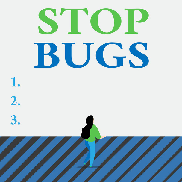 Writing note showing Stop Bugs. Business photo showcasing Get rid an insect or similar small creature that sucks blood Lengthy hairstyle woman stand with one leg lifted in back view position. - Photo, Image