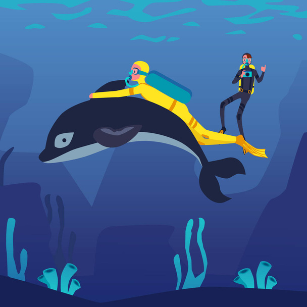 Cartoon man scuba diving with dolphin underwater - diver in yellow costume - Вектор,изображение
