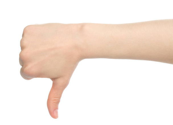 Woman hand, dislike on white background - Foto, afbeelding