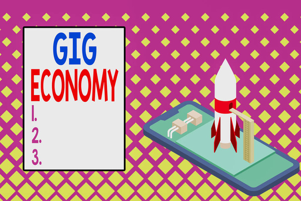 Piszę notatkę pokazującą Gig Economy. Biznesowe zdjęcie prezentujące system wolnego rynku, w którym tymczasowe pozycje są wspólne Gotowy do wystrzelenia rakiety leżącego smartfona. Rozpoczęcie negocjacji. - Zdjęcie, obraz