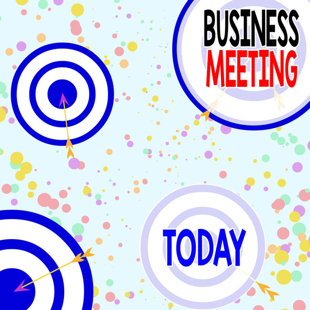 Handwriting text Business Meeting. Concept meaning gathering of two or more showing to discuss business ideas Arrow and round target inside asymmetrical shaped object multicolour design. - Photo, Image