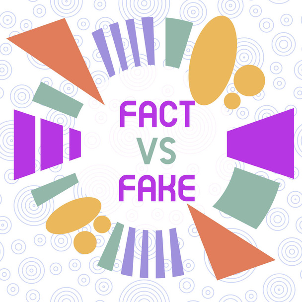 Conceptual hand writing showing Fact Vs Fake. Business photo showcasing Rivalry or products or information originaly made or imitation Asymmetrical format pattern object outline multicolor design. - Photo, Image