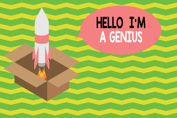 Szövegírási szöveg Hello I M A Genius. Üzleti koncepció Bevezetni magát, mint átlagon felüli bemutató másoknak Tűz indítása rakéta karton doboz. Indítom a projektet. Üzemanyag-inspiráció. - Fotó, kép