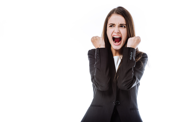 angry businesswoman in suit yelling isolated on white - Photo, Image