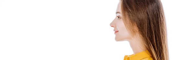side view of smiling attractive girl isolated on white, panoramic shot - Foto, immagini