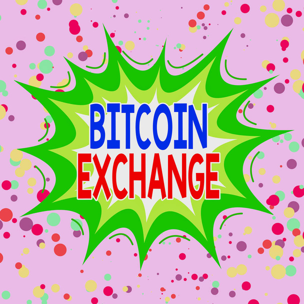 Bitcoin Exchangeを示すメモを書く。トレーダーがビットコインを売買できるデジタル市場を紹介するビジネス写真非対称不均一な形状のパターンオブジェクト多色デザイン. - 写真・画像