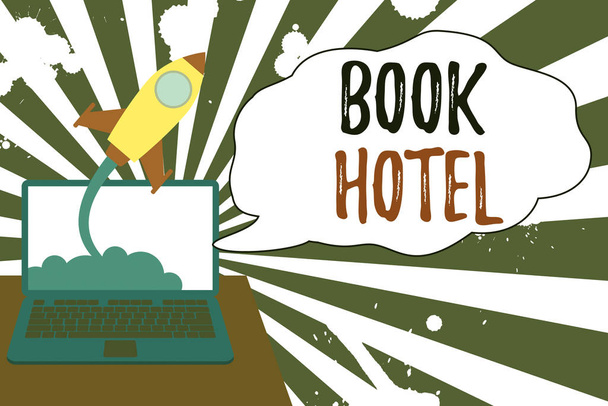 Conceptual hand writing showing Book Hotel. Business photo showcasing an arrangement you make to have a hotel room or accommodation Successful rocket launching laptop background Startup grow. - Fotoğraf, Görsel