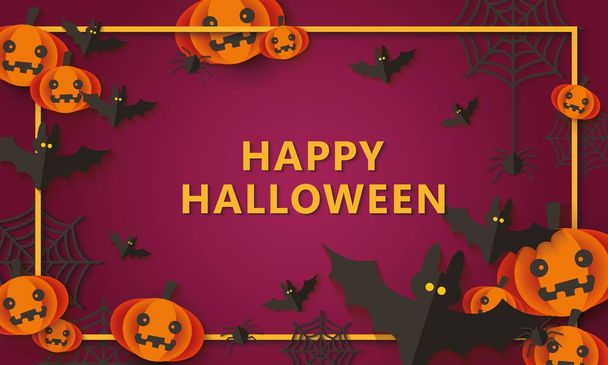 Happy Halloween party background with decoration of spiders and bats, pumpkins and web. - Vecteur, image