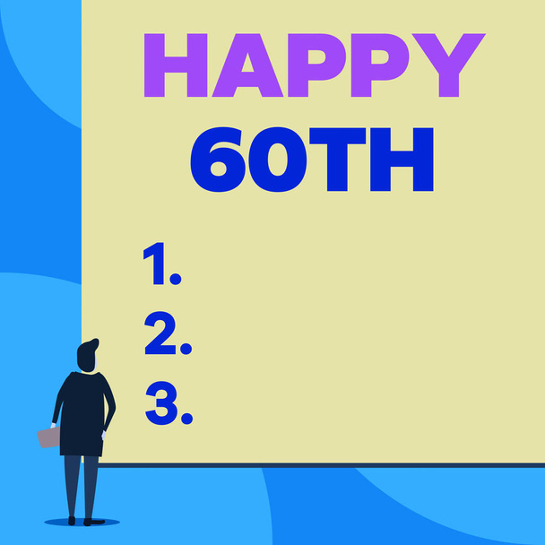 Writing note showing Happy 60Th. Business photo showcasing a joyful occasion for special event to mark the 60th year Back view young woman watching blank big rectangle. - Photo, Image