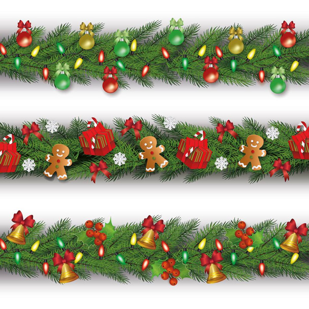 Set van drie kerstslingers van dennen- of dennenhout en versierde vectorillustratie geïsoleerd. - Vector, afbeelding