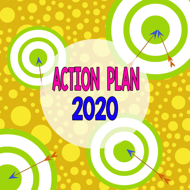 Signo de texto que muestra el Plan de Acción 2020. Foto conceptual para hacer lista contiene el número de cosas que se harán el próximo año Flecha y blanco redondo dentro de diseño multicolor objeto asimétrico en forma
. - Foto, imagen
