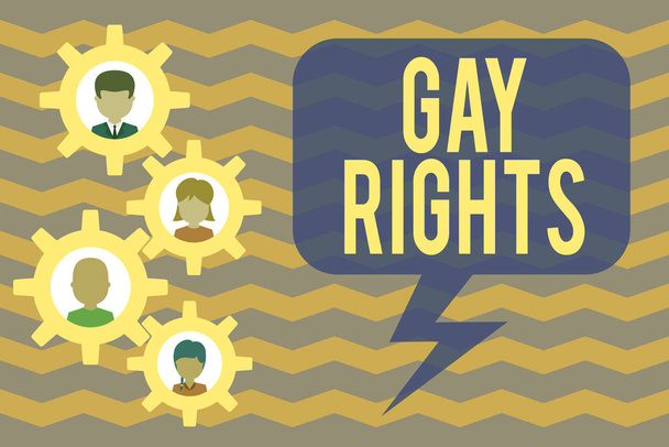 Εννοιολογικά χειρόγραφα που δείχνουν τα δικαιώματα των γκέι. Επαγγελματική φωτογραφία που δείχνει ίσα πολιτικά και κοινωνικά δικαιώματα για τους ομοφυλόφιλους άτομα Gearshaped εικόνα πλαίσιο οικογενειακό στολίδι Ολόκληρη η οικογενειακή φωτογραφία. - Φωτογραφία, εικόνα