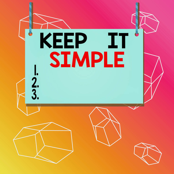 Tekst pisania słów Keep It Simple. Koncepcja biznesowa dla Pozostać w prostym miejscu lub pozycji nie skomplikowane Drewniana deska prostokąt kształt pustej ramki stałe kolorowe paski struny. - Zdjęcie, obraz
