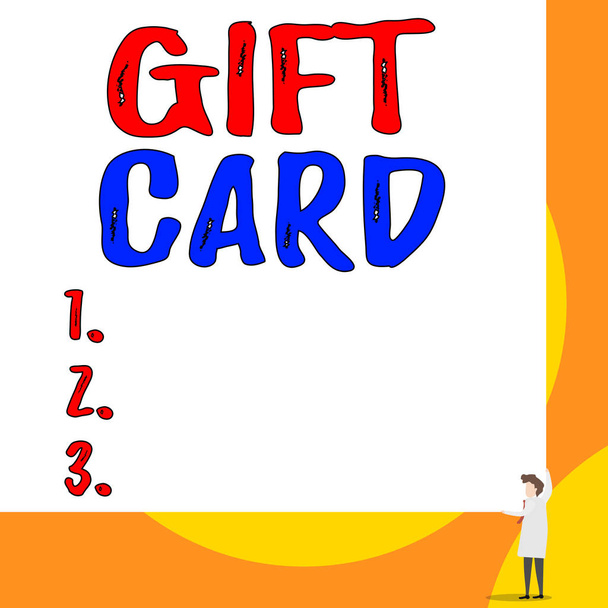 Conceptual hand writing showing Gift Card. Business photo showcasing A present usually made of paper that contains your message Young woman holding two hands right corner big rectangle. - Fotoğraf, Görsel