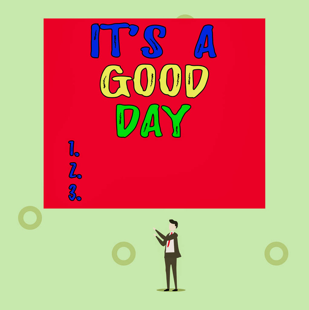 Word writing text It S A Good Day. Business concept for Happy time great vibes perfect to enjoy life beautiful Isolated view young man standing pointing upwards two hands big rectangle. - Fotoğraf, Görsel