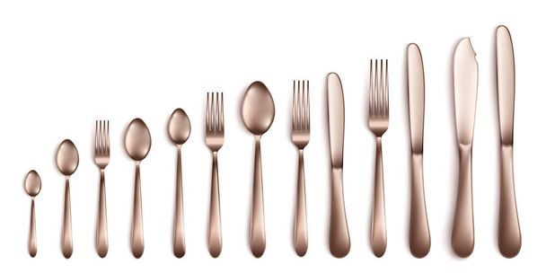 Set and collection of realistic cutlery in dark silver or bronze. - Vector, Image