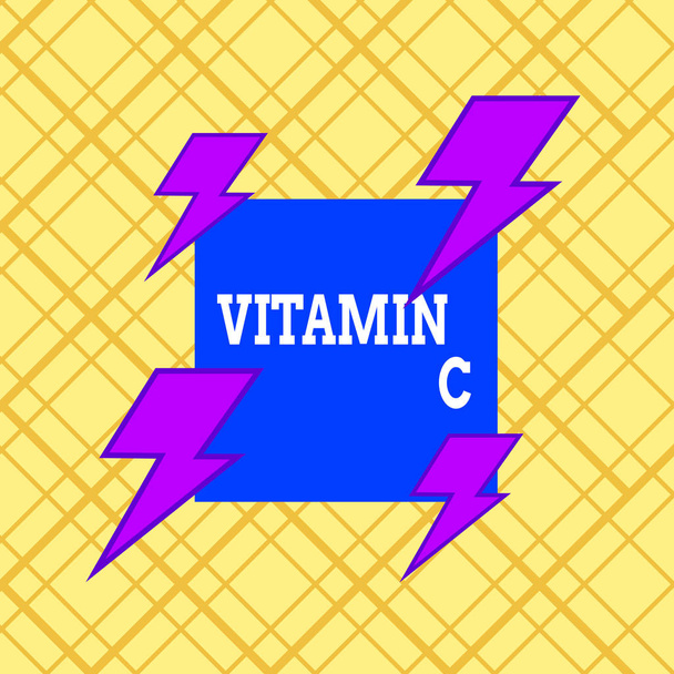 Writing note showing Vitamin C. Business photo showcasing it promotes healing and helps the body absorb iron Ascorbic acid Asymmetrical format pattern object outline multicolor design. - Photo, Image