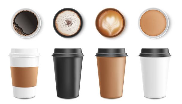 Set of paper and cardboard cups and coffee mugs with drinks, top view. - Vector, Imagen