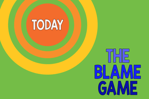 Text sign showing The Blame Game. Conceptual photo A situation when showing attempt to blame one another Dotted tunnel simulating sun shining. Abstract futuristic. Comic Background. - Photo, Image
