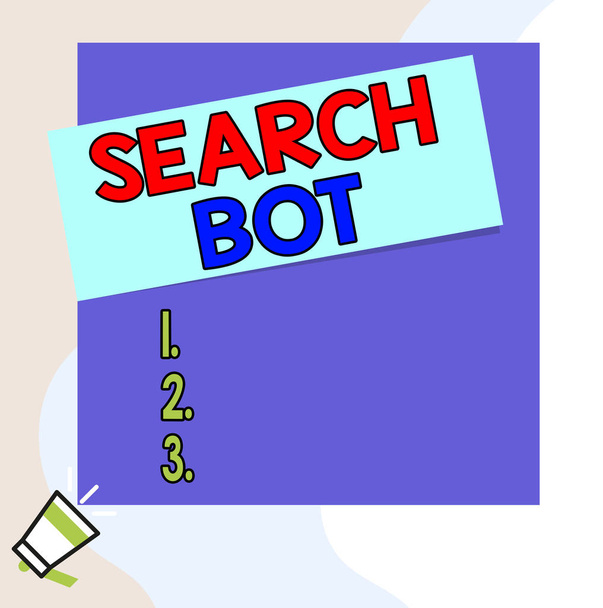 Словесний текст Search Bot. Бізнес концепція програми, яка запускає автоматизовані завдання через Інтернет або мережі Розмови труби на лівому дні і паперу прикріплені до прямокутного фону. - Фото, зображення