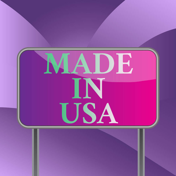 Tekst pisma Made In Usa. Concept meaning American brand United States Manufactured Local product Board ground metallic pole empty panel deska kolorowy backgound attached. - Zdjęcie, obraz