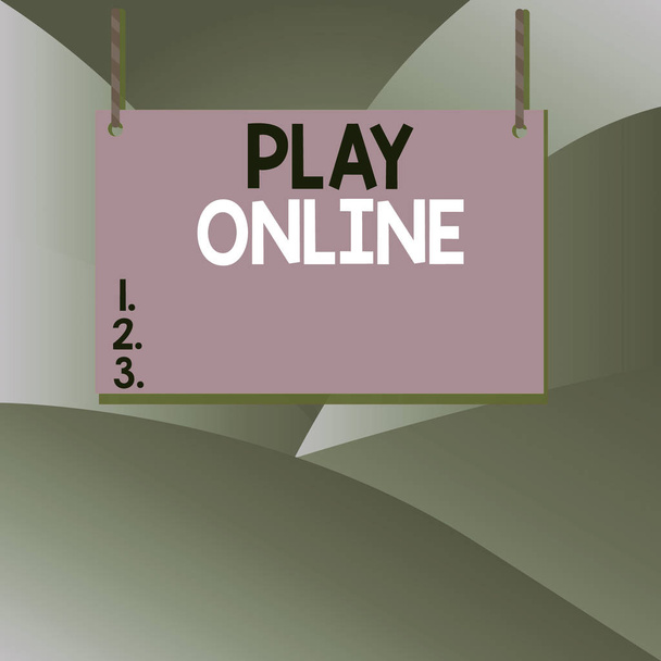 Χειρόγραφο κείμενο που γράφει Play Online. Έννοια που σημαίνει ένα παιχνίδι βίντεο παίζεται πάνω από κάποια μορφή του δικτύου υπολογιστών Ξύλινο ξύλο ορθογώνιο σχήμα κενό πλαίσιο σταθερό πολύχρωμο ριγέ string. - Φωτογραφία, εικόνα