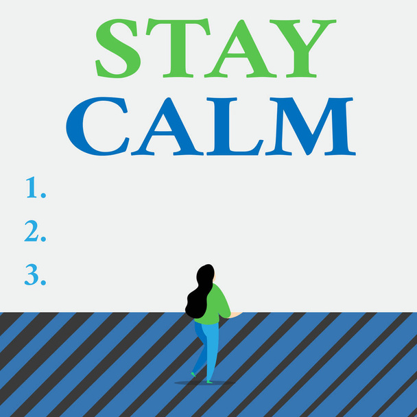 Writing note showing Stay Calm. Business photo showcasing Maintain in a state of motion smoothly even under pressure Lengthy hairstyle woman stand with one leg lifted in back view position. - Photo, Image