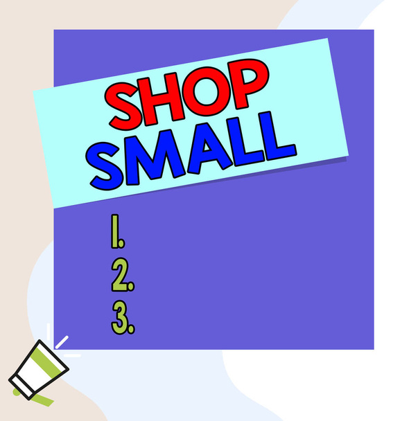 Tekstiä kirjoittava teksti Shop Small. Liiketoiminta konsepti valtakunnallinen liike, joka juhlii pienyritysten päivittäin Puhuminen trumpetti vasemmalla pohjalla ja paperi kiinnitetty suorakulmion tausta
. - Valokuva, kuva