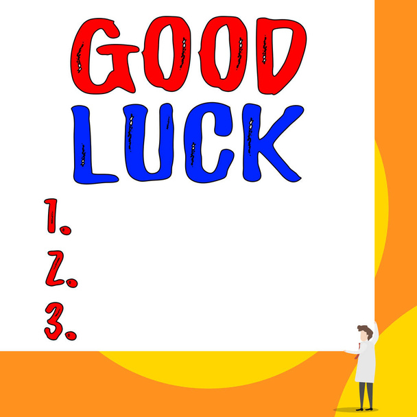 Conceptual hand writing showing Good Luck. Business photo showcasing wish positive fortune or happy outcome that a demonstrating can have Young woman holding two hands right corner big rectangle. - Photo, Image