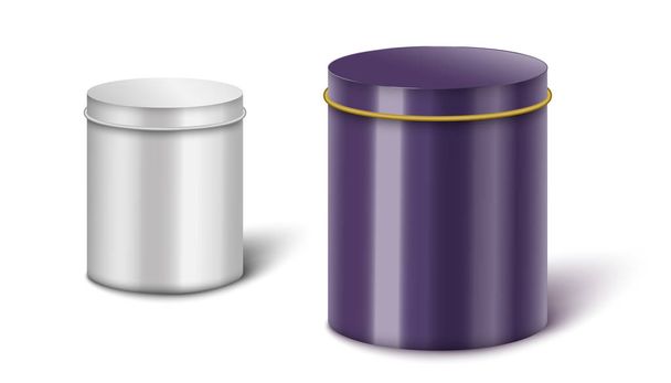 Metal cylinder box mockup set - big and small silver and purple steel containers - ベクター画像