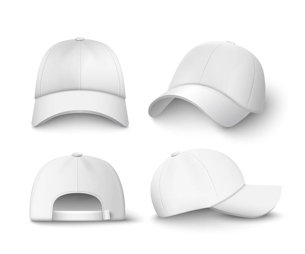 Біла бейсбольна шапка макет набір спереду, збоку і ззаду вигляд i
 - Вектор, зображення
