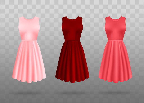 赤とピンクのドレスセット-透明背景に隔離された現実的なベクトルイラスト - ベクター画像