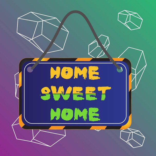 Tekst pisania słów Home Sweet Home. Business concept for In house finally Comfortable feeling Relaxed Family time Board attached string color black yellow frame empty blank prostokąt shape. - Zdjęcie, obraz