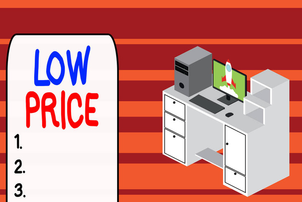 Text sign showing Low Price. Conceptual photo Price are the lowest in relation to other things of same kind Working desktop station drawers personal computer launching rocket clouds. - Photo, Image