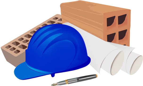 helmet projects bricks and construction tools contract - Vector, Image