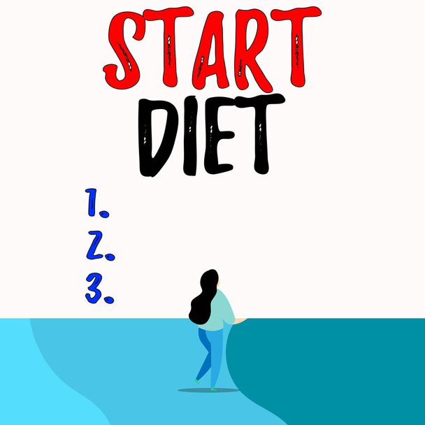 Conceptual hand writing showing Start Diet. Business photo text special course food to which demonstrating restricts themselves Back view young long hair woman holding blank square announcement. - Photo, Image